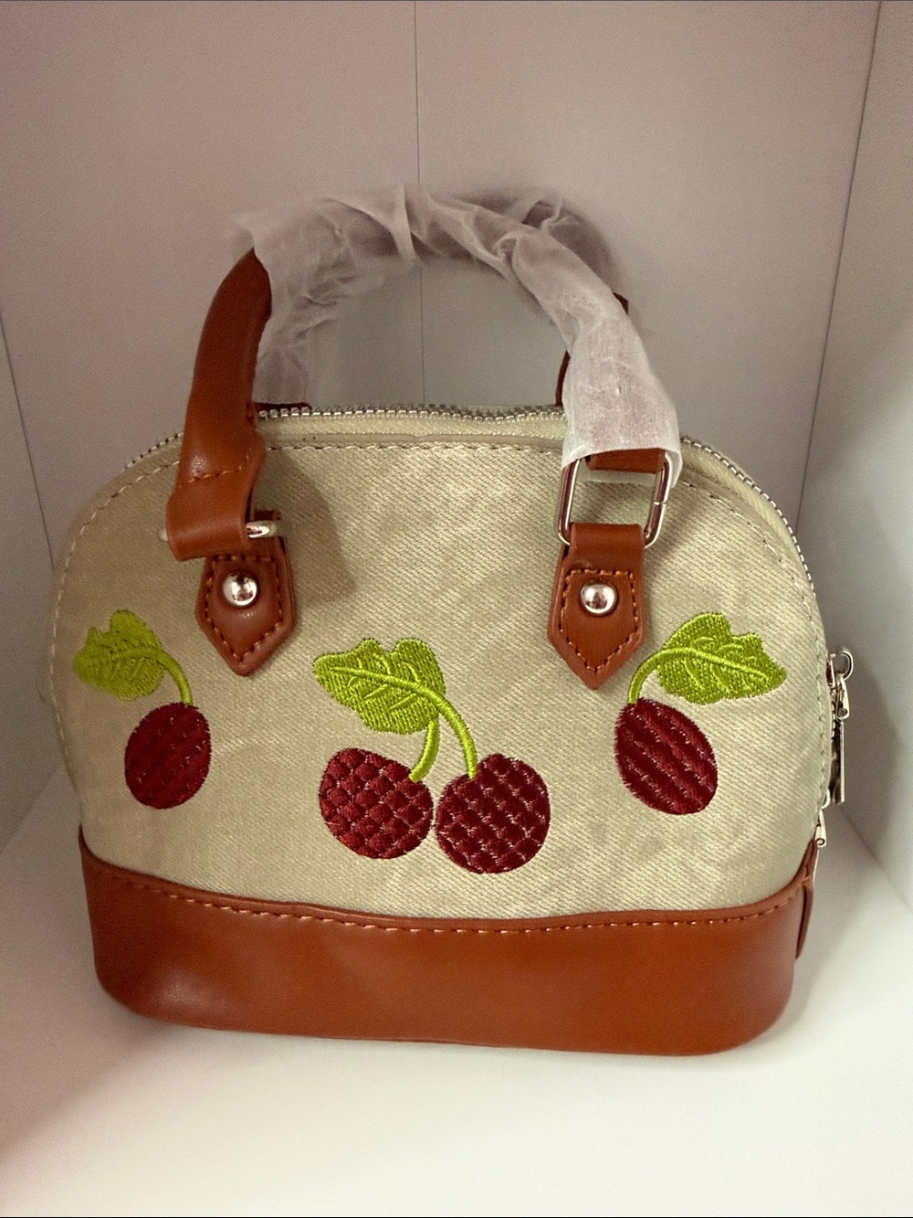 Cherry Embroidered Beige & Brown Women's Satchel